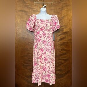 London Times Puff Sleeve Linen Midi Dress Womens Plus 20W Pink Floral Wedding